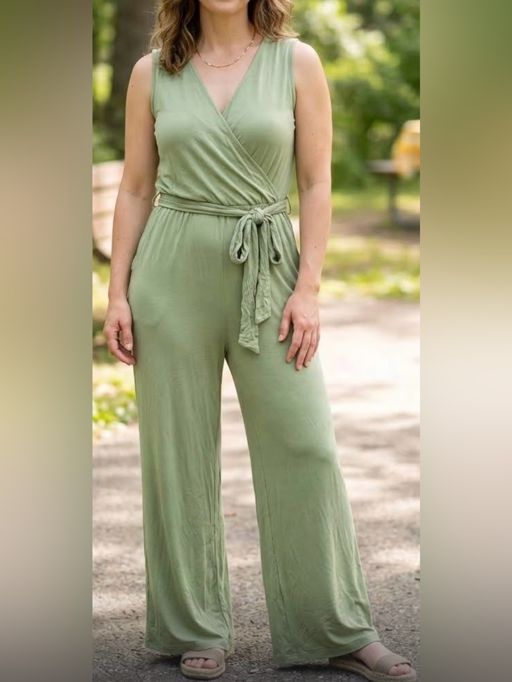 Soho Olive Green Sleeveless Jumpsuit with Tie Waist